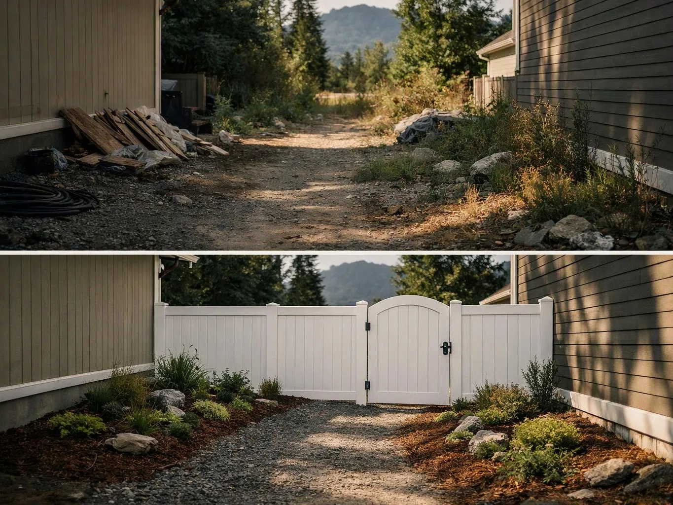 Split view shows a rocky dirt path between houses before and after a white fence and landscaping installation