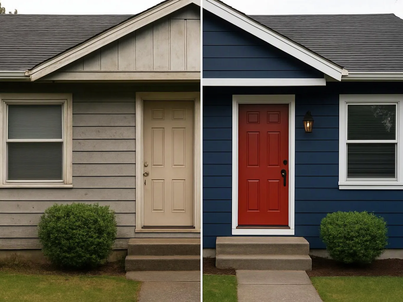 A split view shows a small house exterior before and after, with a new red door and blue siding on the right
