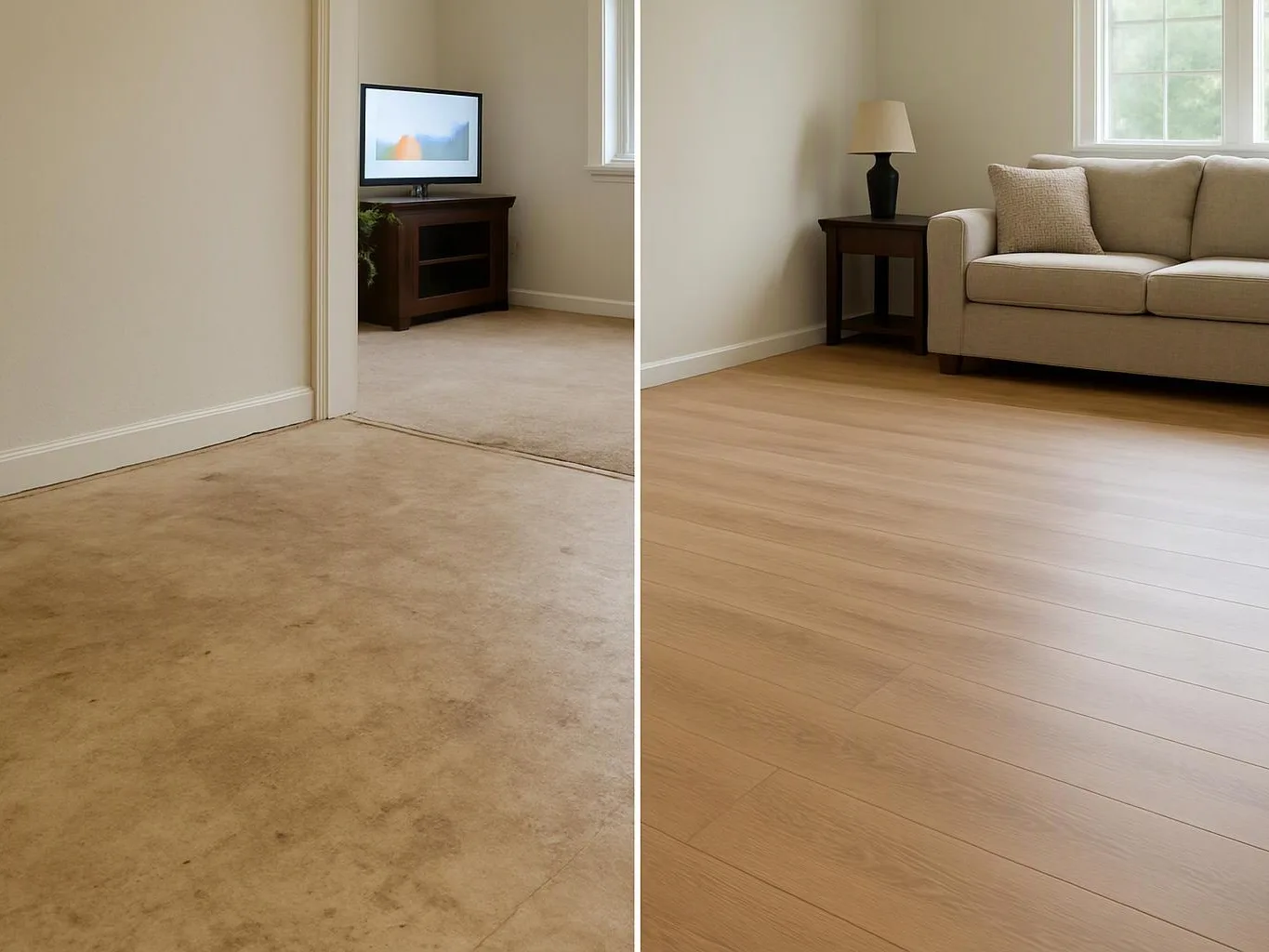 Split view shows a stained carpeted room beside a clean wood floor living room with sofa and lamp