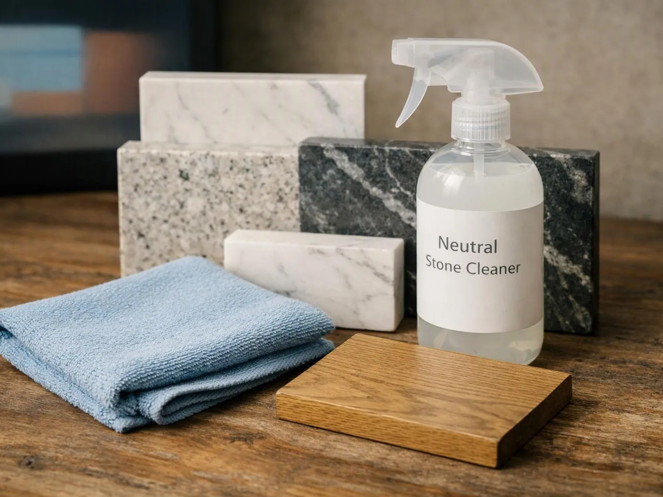 A spray bottle labeled “Neutral Stone Cleaner” sits beside stone samples, a folded blue cloth, and a wood sample on a table