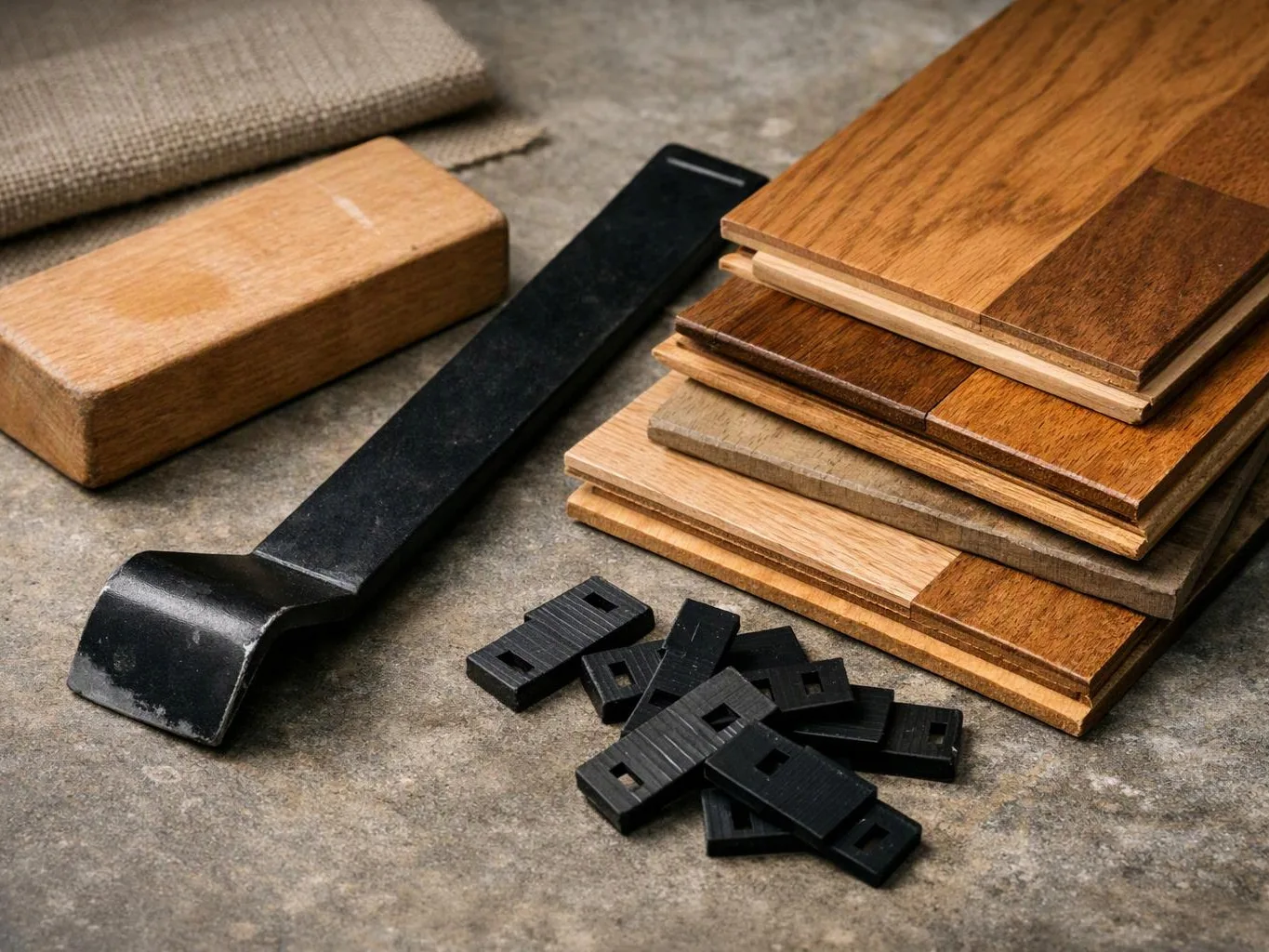 A stack of wood flooring samples sits beside a black pry bar, spacer blocks, and a sanding block on a concrete surface