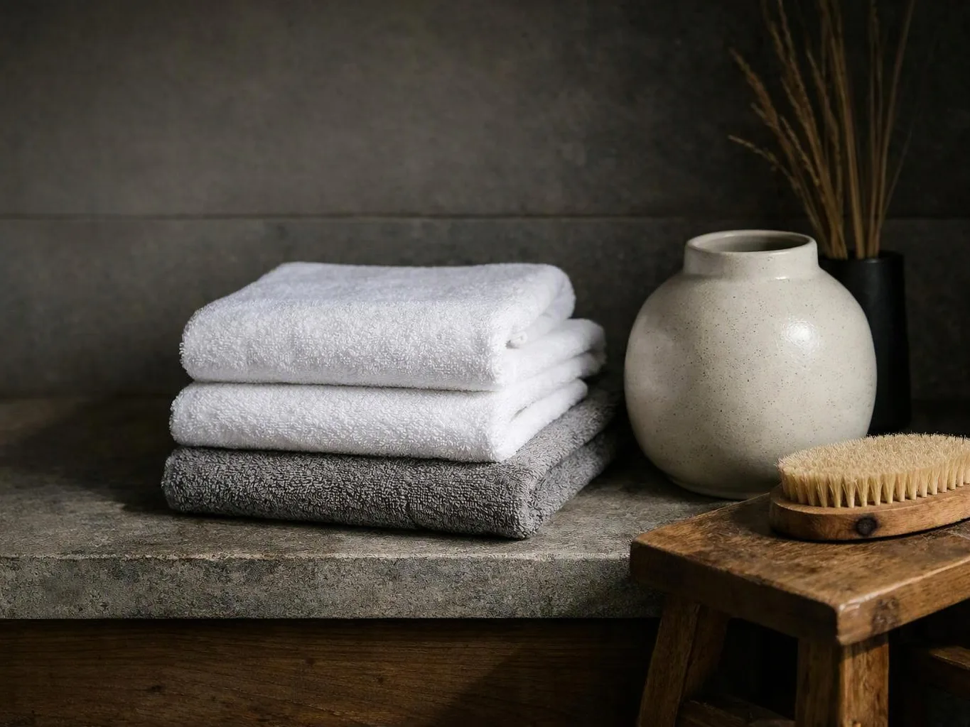 Stacked white and gray towels sit beside a ceramic vase and wooden brush on a stone shelf