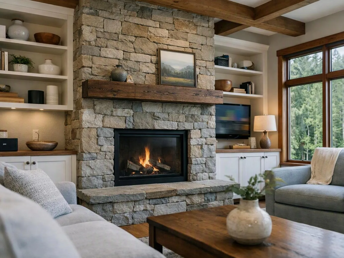 A stone fireplace burns in a cozy living room with built-in shelves and a large window