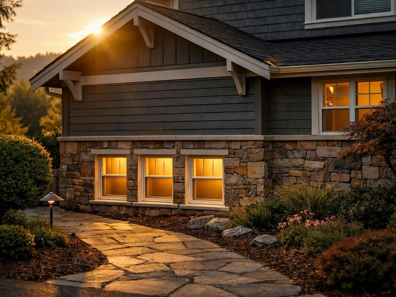 A stone path curves past a gray house with glowing windows at sunset