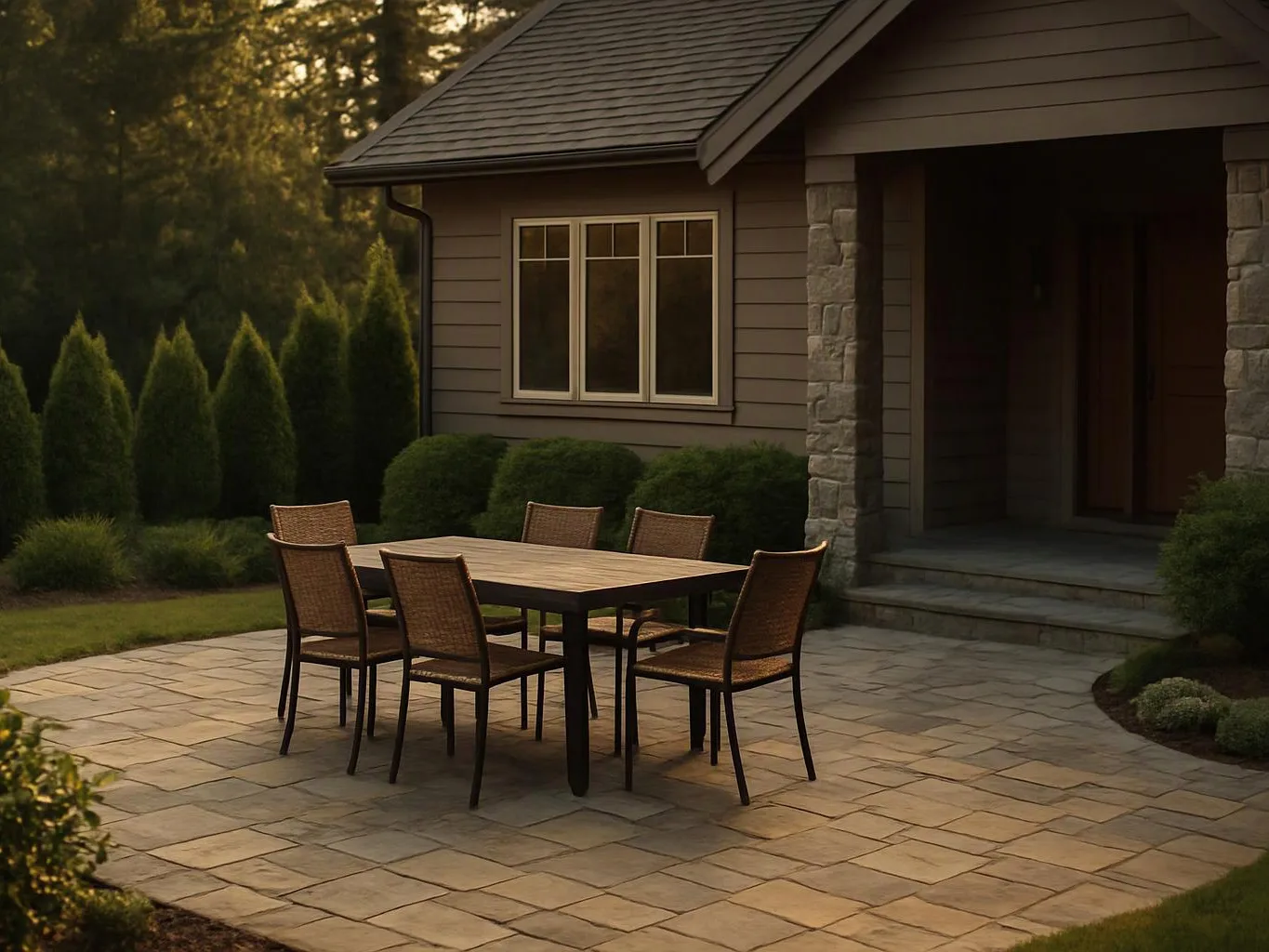 A stone patio holds a wooden dining table and six chairs beside a house and shrubs