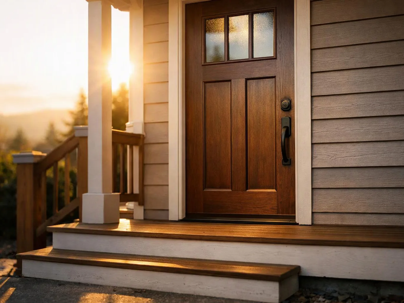 Sunlight falls on a wooden front door beside porch steps and railings
