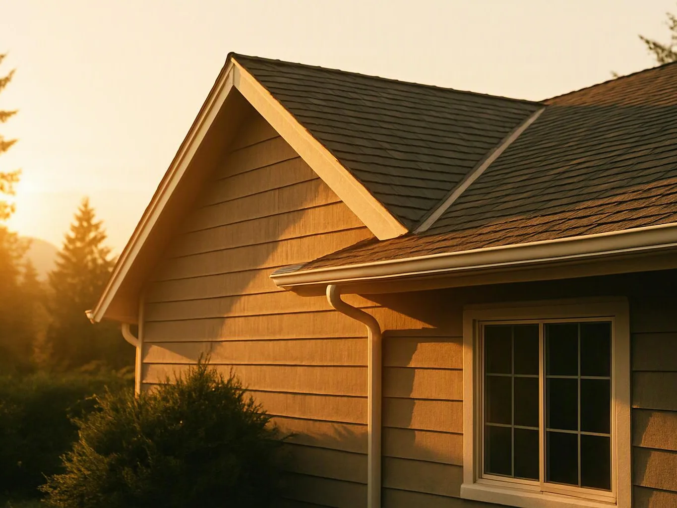 Sunlit beige house side with dark shingled roof, a window, gutters, and trees at sunset