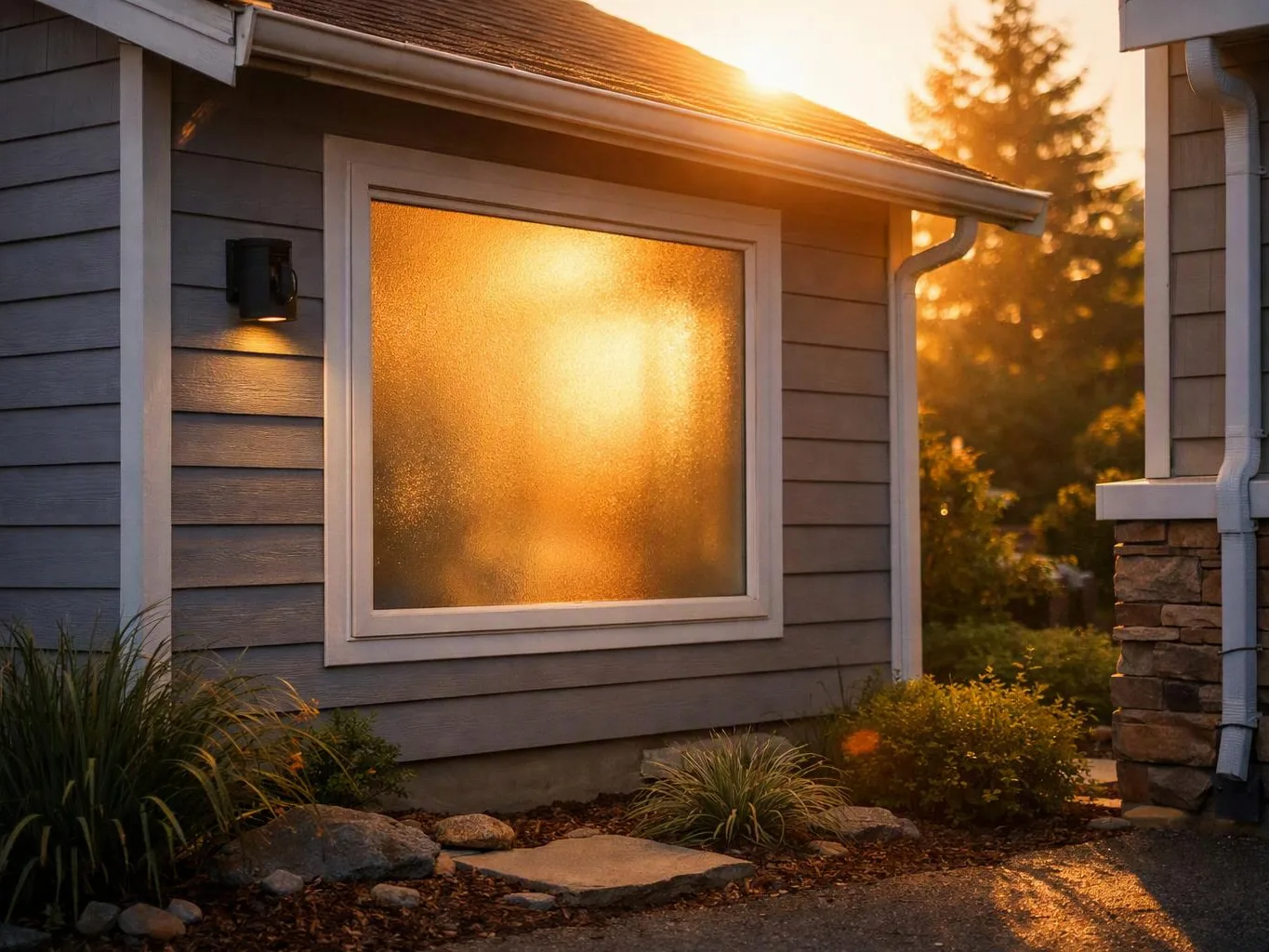 A sunlit house exterior shows a frosted window, wall light, shrubs, and stone edging at dusk