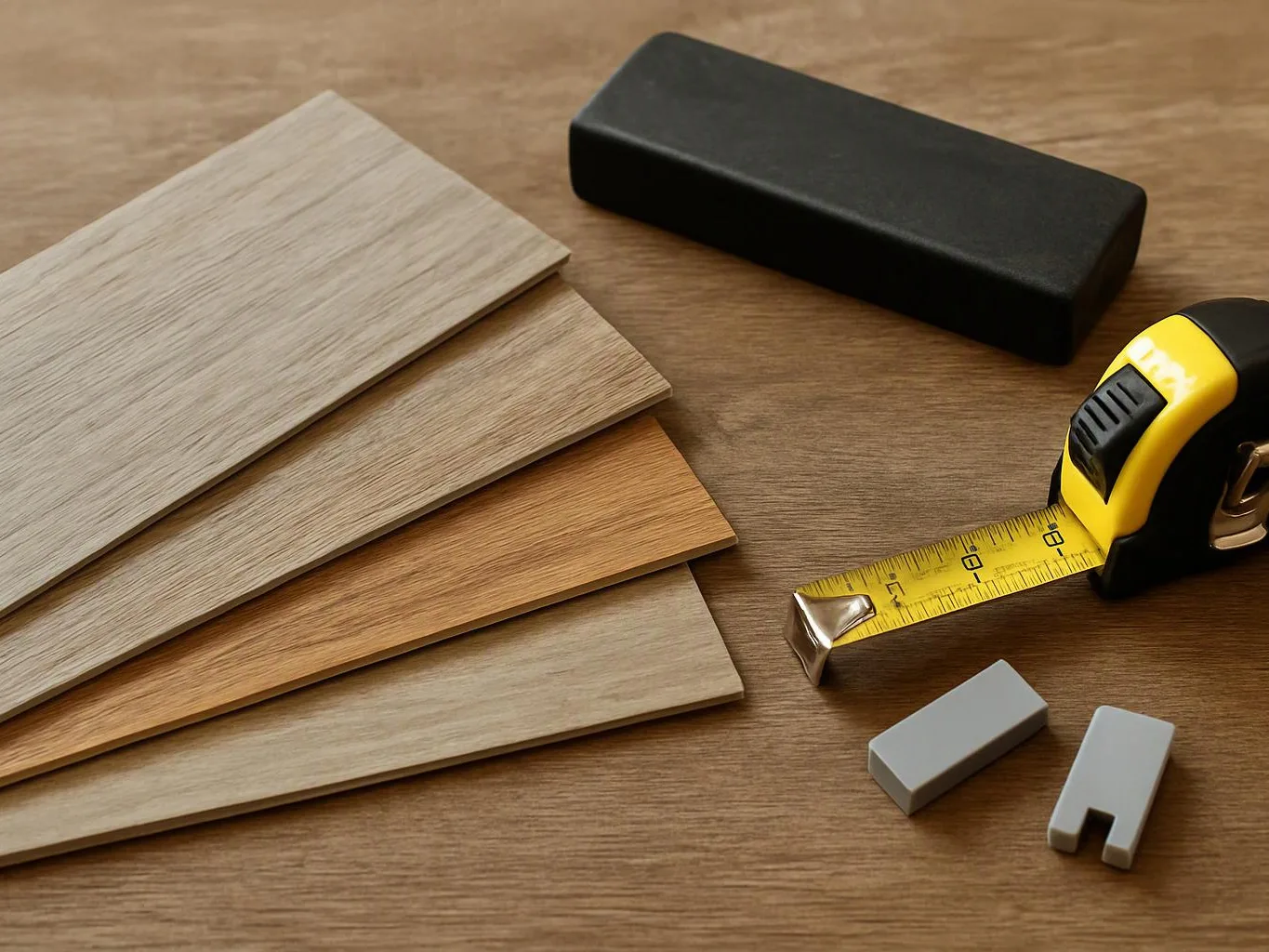 A tape measure sits beside wood sample planks, a black block, and two small gray pieces on a wooden table