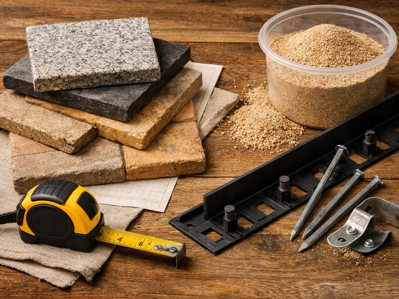A tape measure, stones, sand, and metal tools sit on a wooden workbench