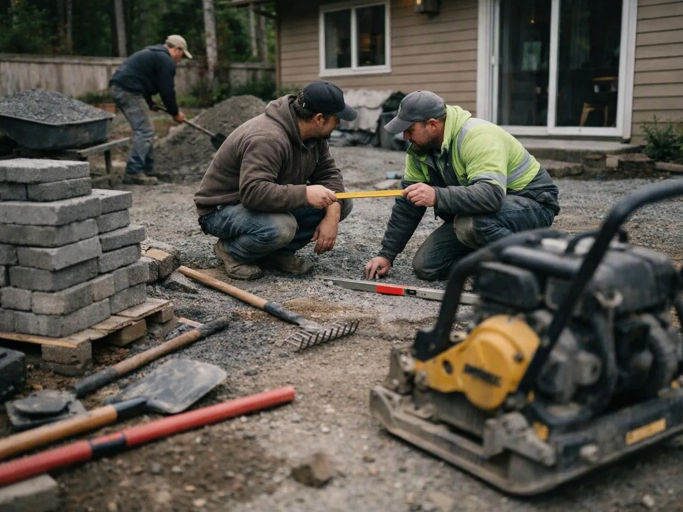Three workers measure and level a gravel patio beside a house, with tools and pavers scattered around