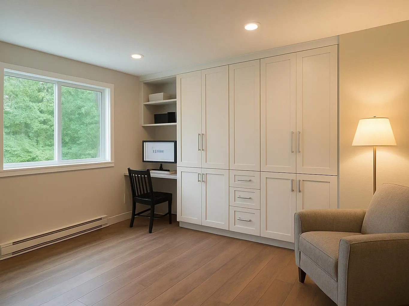 A tidy home office shows a desk, computer, black chair, built-in cabinets, window, and armchair