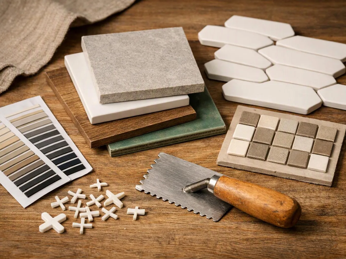 Tiles, sample boards, a trowel, and spacers lie on a wooden work surface