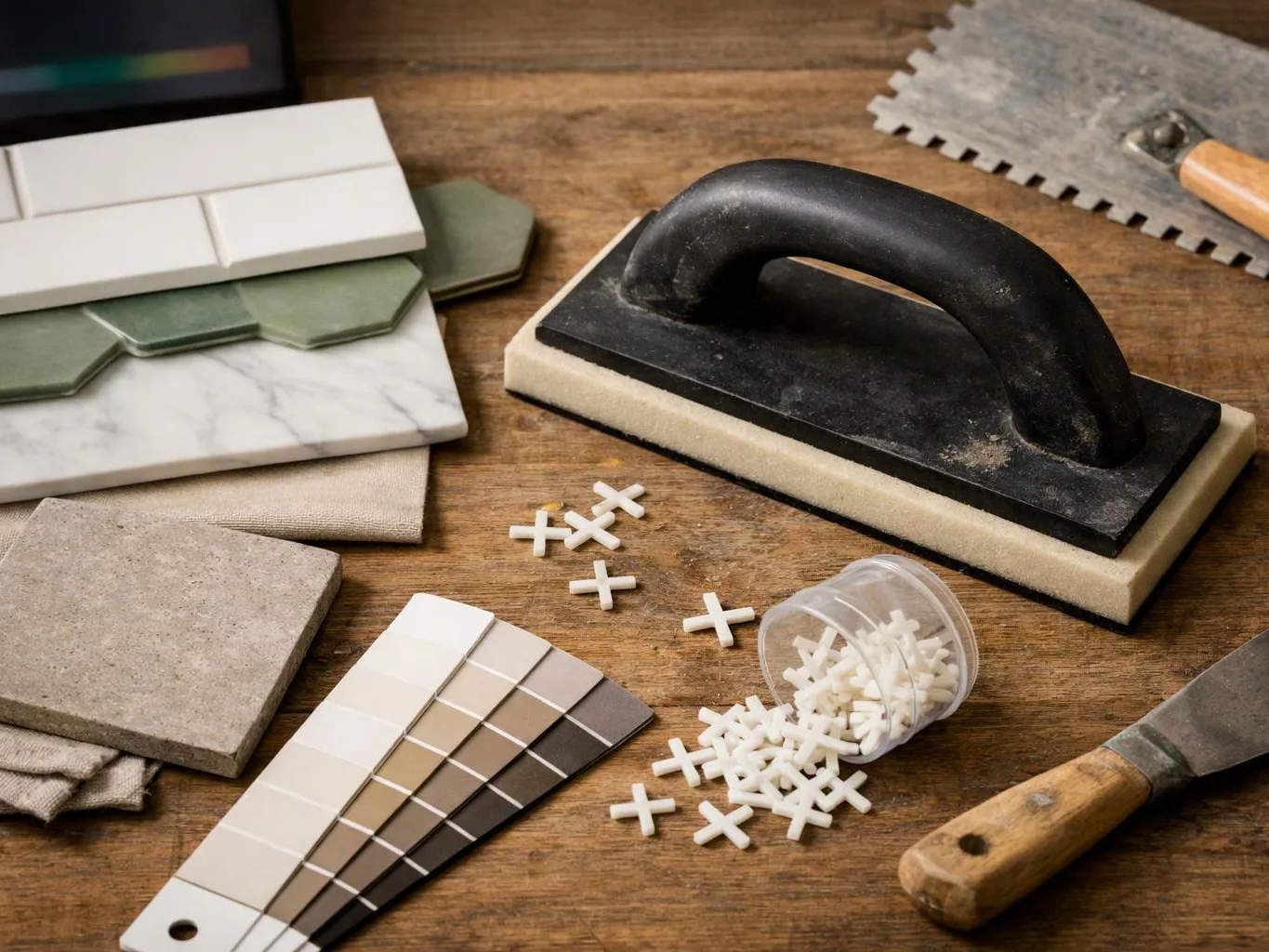 Trowels, tile samples, and spacers lie scattered on a wooden workbench