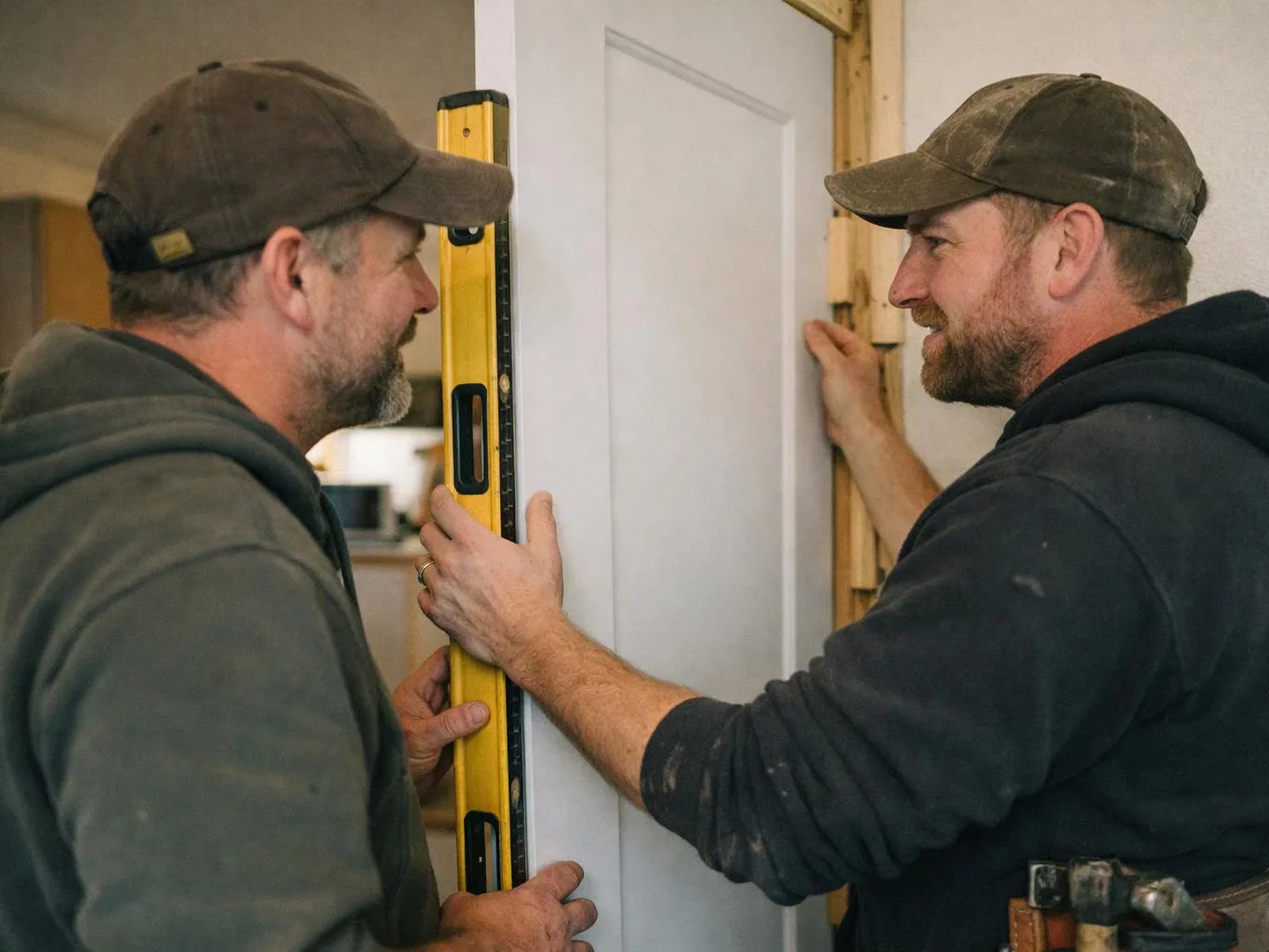 Two carpenters measure a white door with a yellow level inside a house under renovation