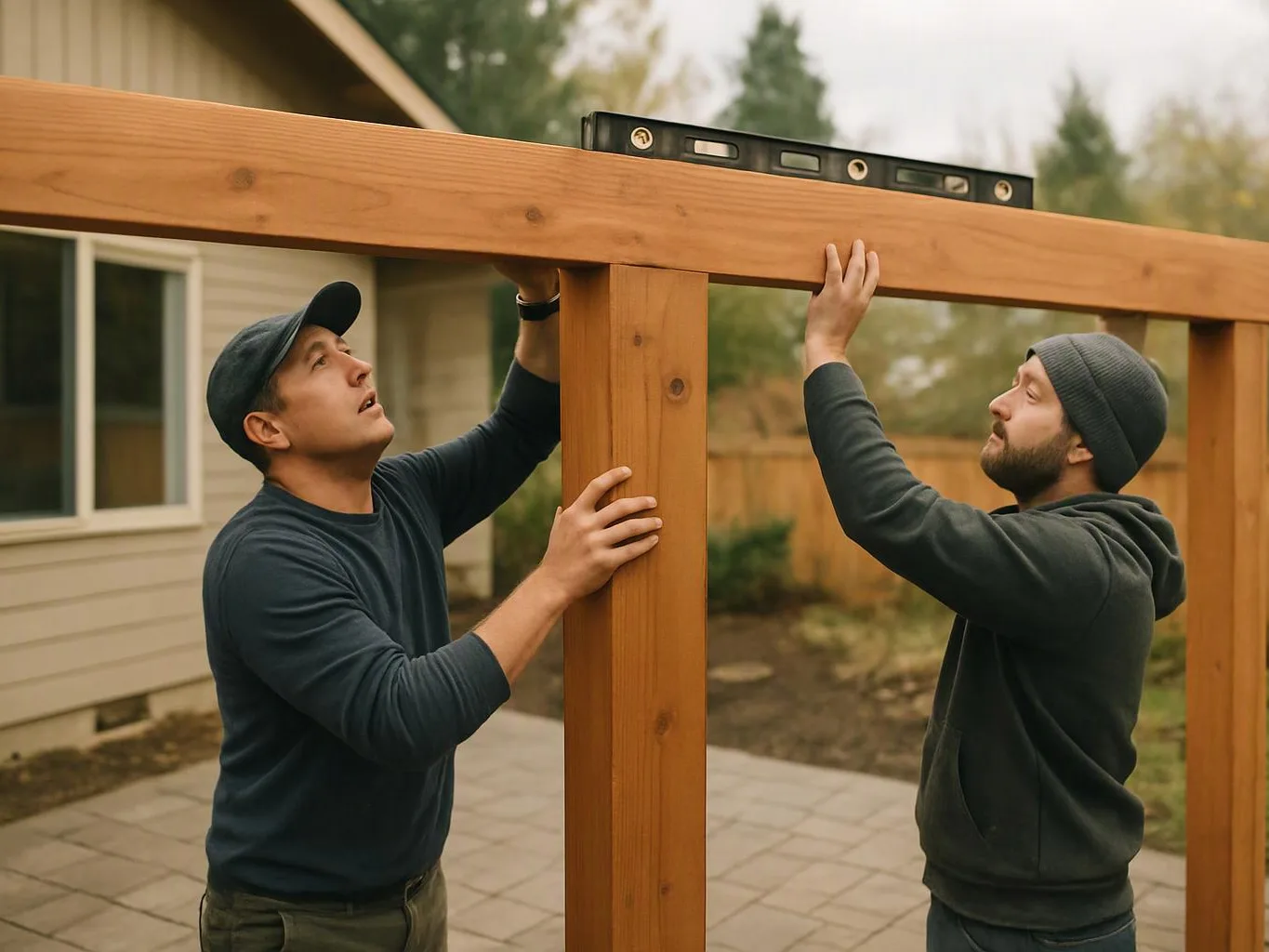 Two men are aligning a wooden frame with a level in a backyard patio