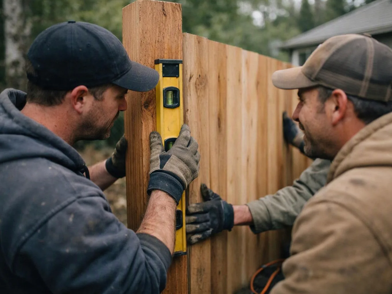 Two men in caps and gloves hold a wooden fence panel while checking it with a yellow level outdoors