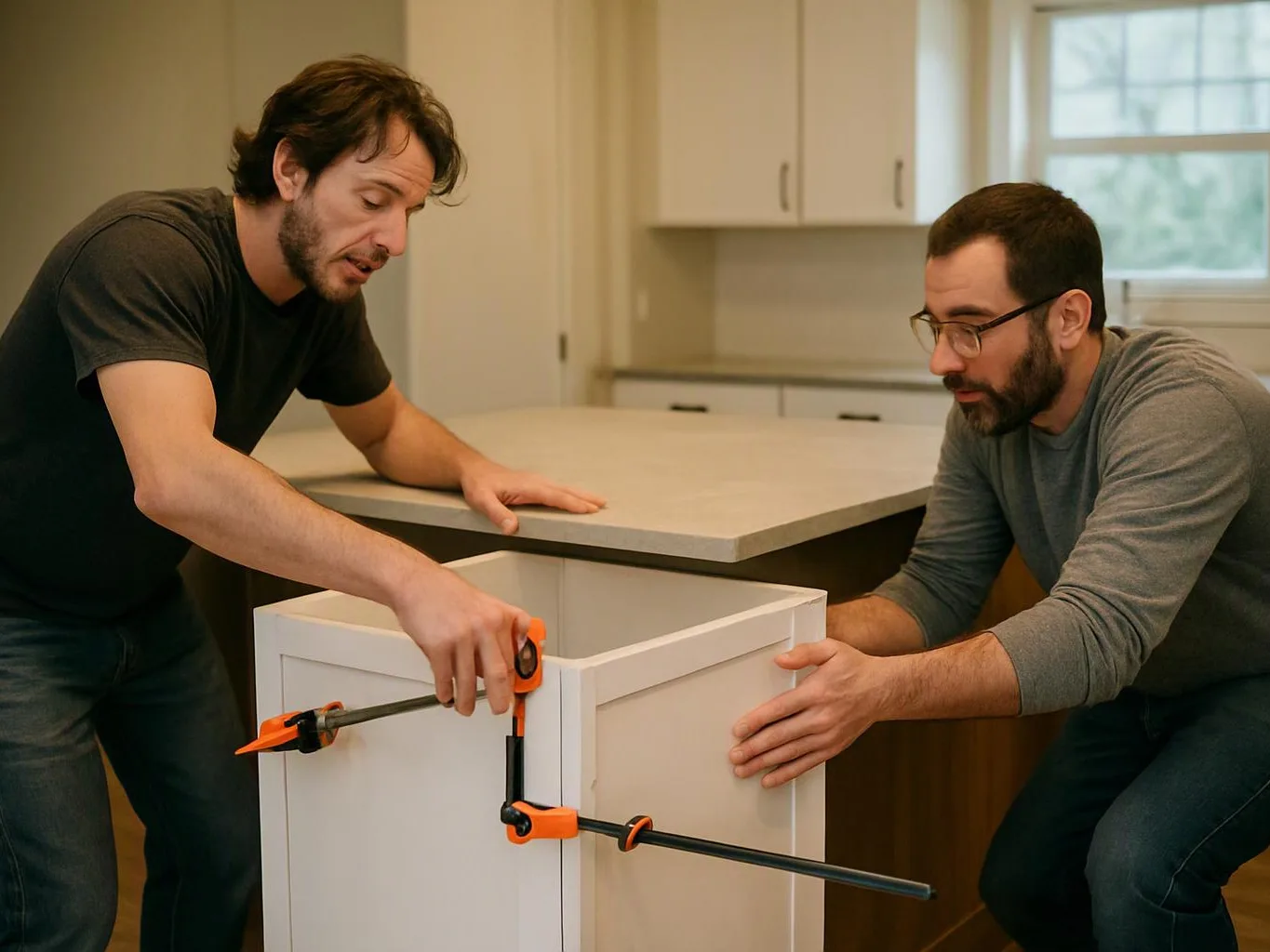 Two men fit a white cabinet panel in a bright kitchen, using clamps beside a large island