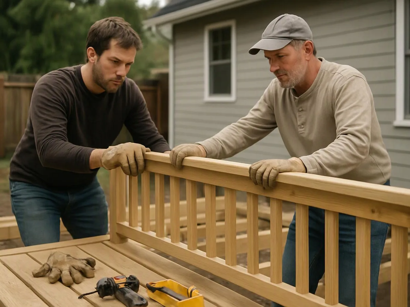 Two men in gloves fit a wooden deck railing beside a house, with tools on the deck in front of them