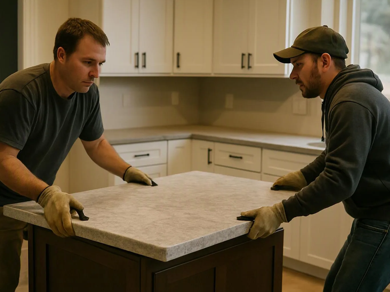 Two men in gloves lift a stone countertop onto a dark kitchen island in a bright room