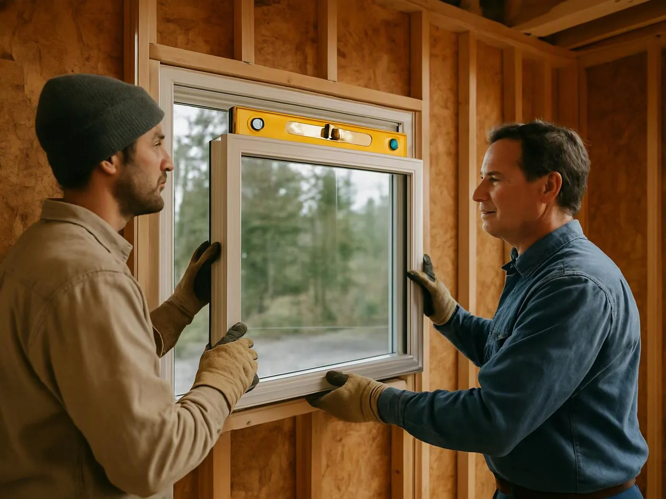 Two men install a window frame inside a wood-framed room, with a level resting on top