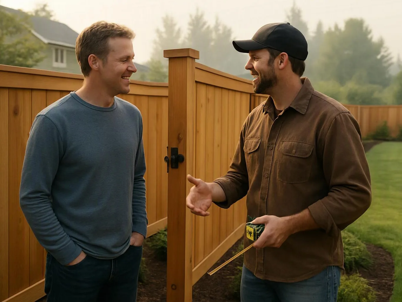 Two men smile and talk beside a wooden fence gate, one holding a tape measure in a yard
