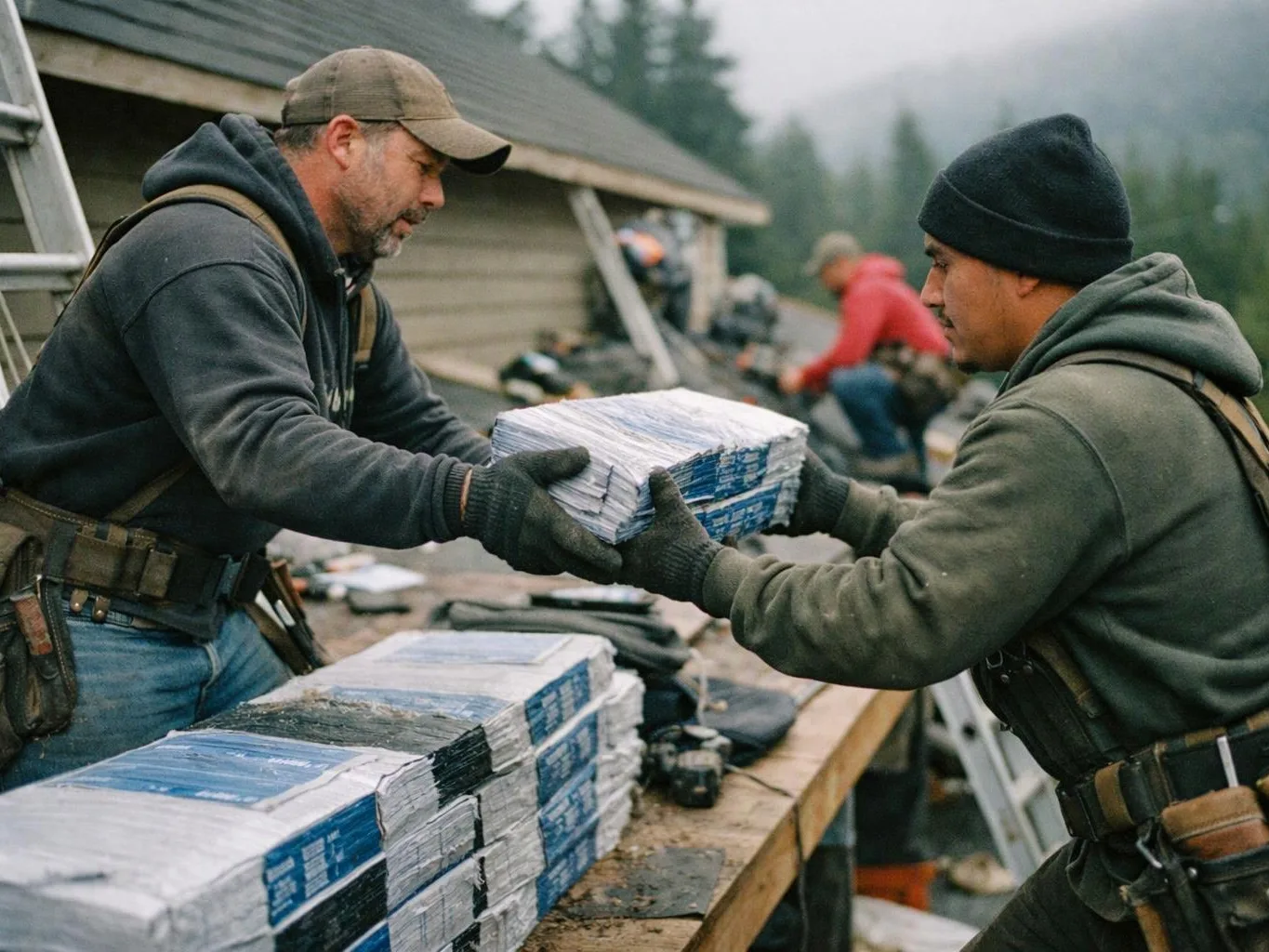 Two men in work clothes pass wrapped bundles across a wooden table beside a house under cloudy skies
