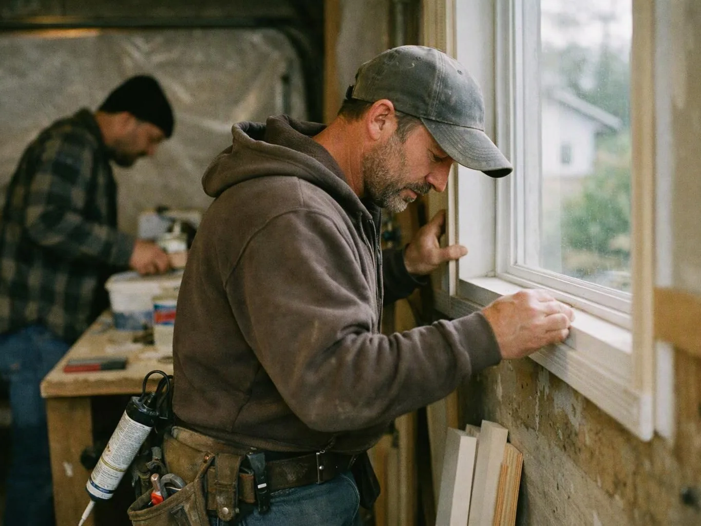 Two men work on a window frame inside a workshop, with one fitting trim and the other at a bench