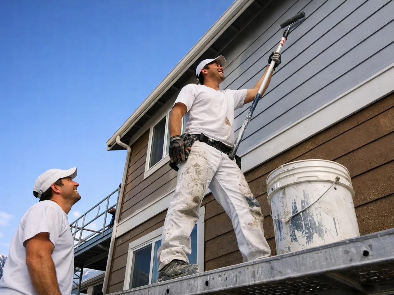 Two painters work on a house exterior, one rolling gray siding from a scaffold while another watches below