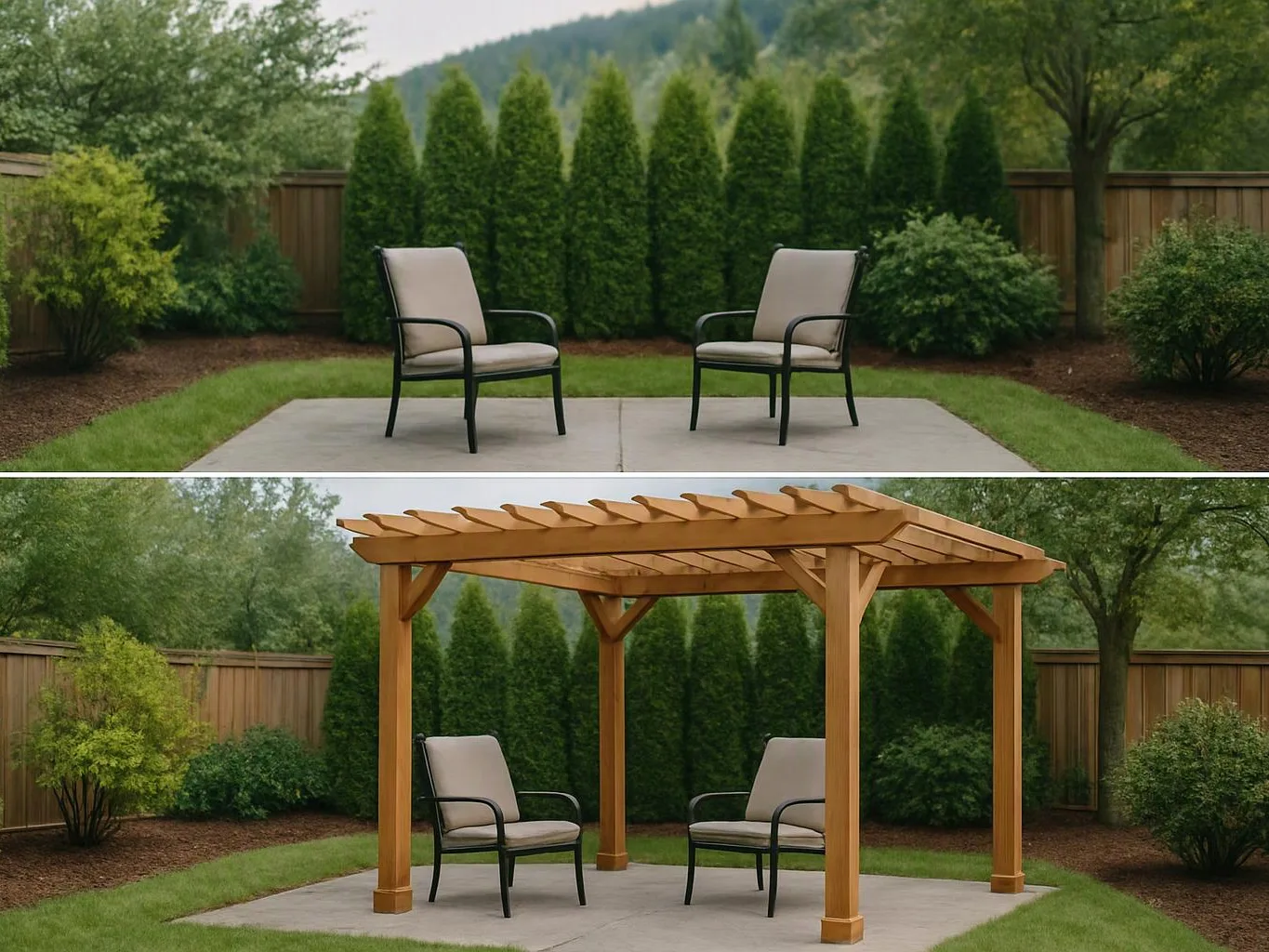 Two patio chairs sit on a concrete pad in a fenced garden, and the lower half shows a wooden pergola added above them