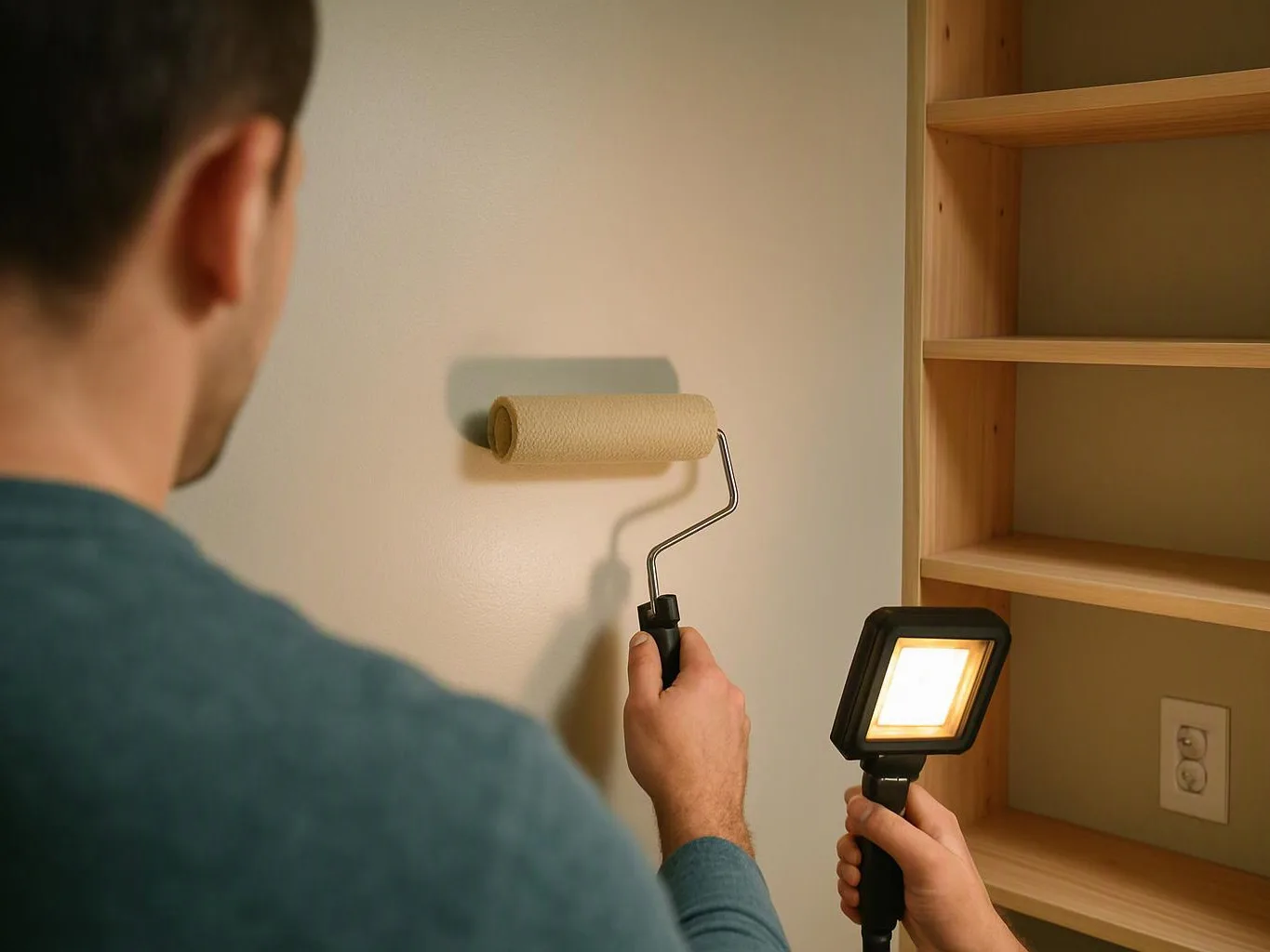 Two people paint a wall, one rolling beige paint beside empty wooden shelves and a bright work light