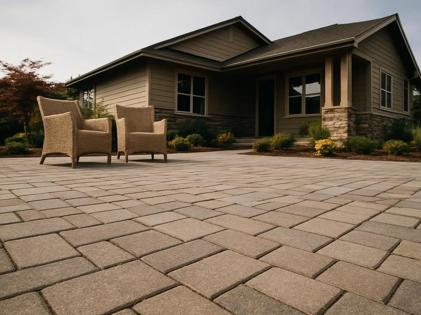 Two wicker chairs sit on a paved patio in front of a tan house with stone accents