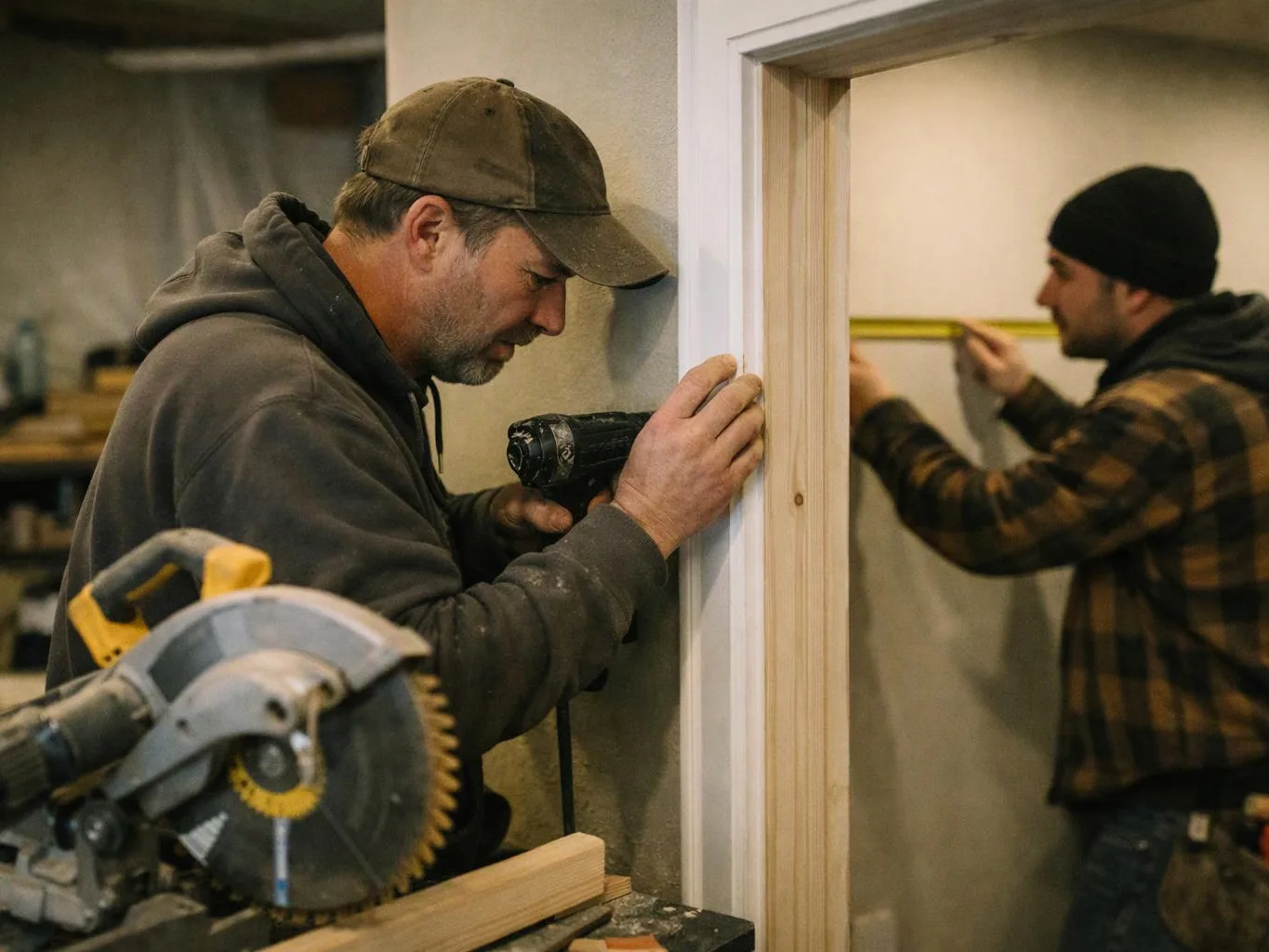 Two workers install a doorway frame, one drilling while the other measures the wall inside a workshop