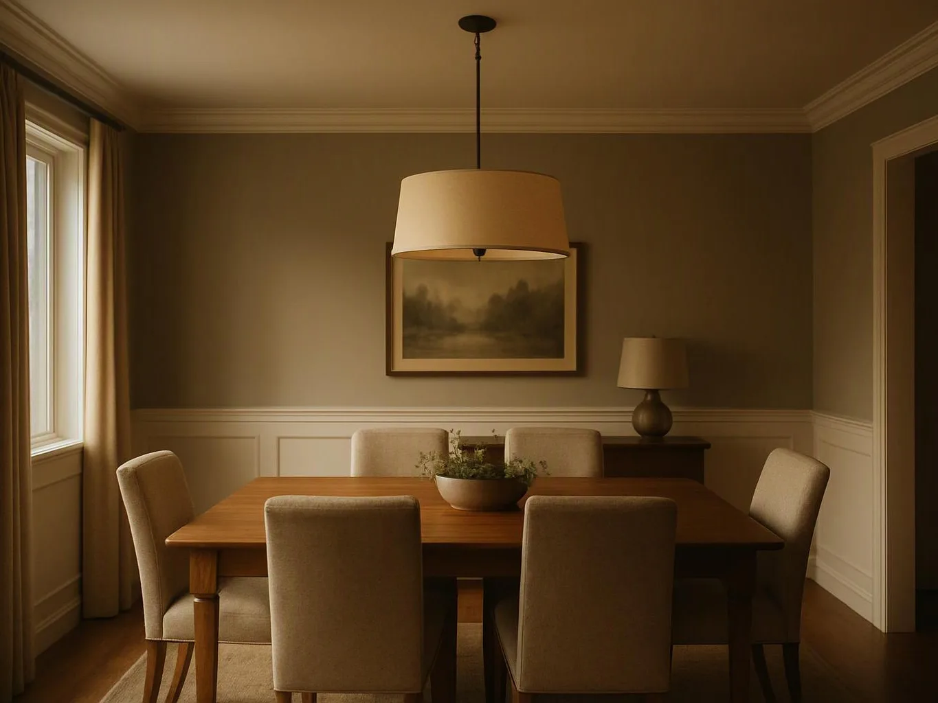 A warm dining room shows a wooden table, six beige chairs, a hanging lamp, and framed wall art