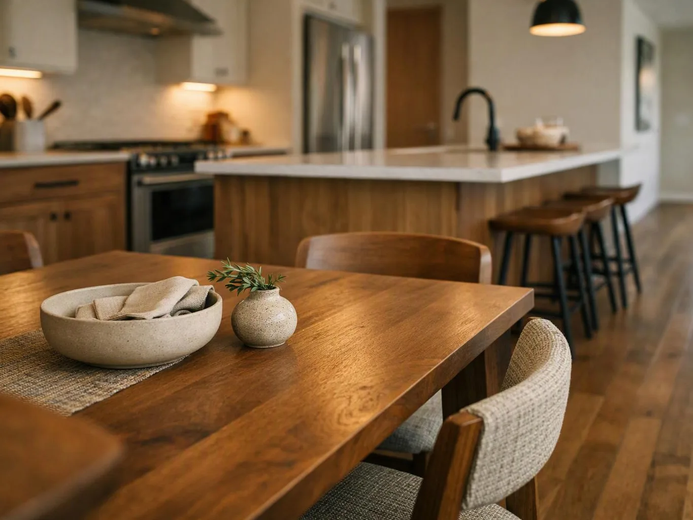 A warm kitchen and dining area shows a wooden table with bowls, a vase, and bar stools by the island