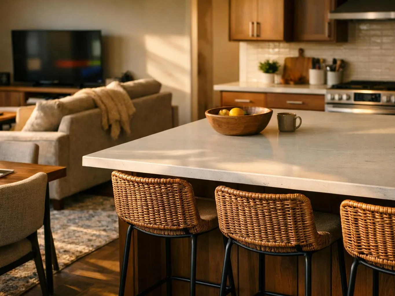 A warm kitchen with a large island, wicker stools, a fruit bowl, and a living room sofa in the background
