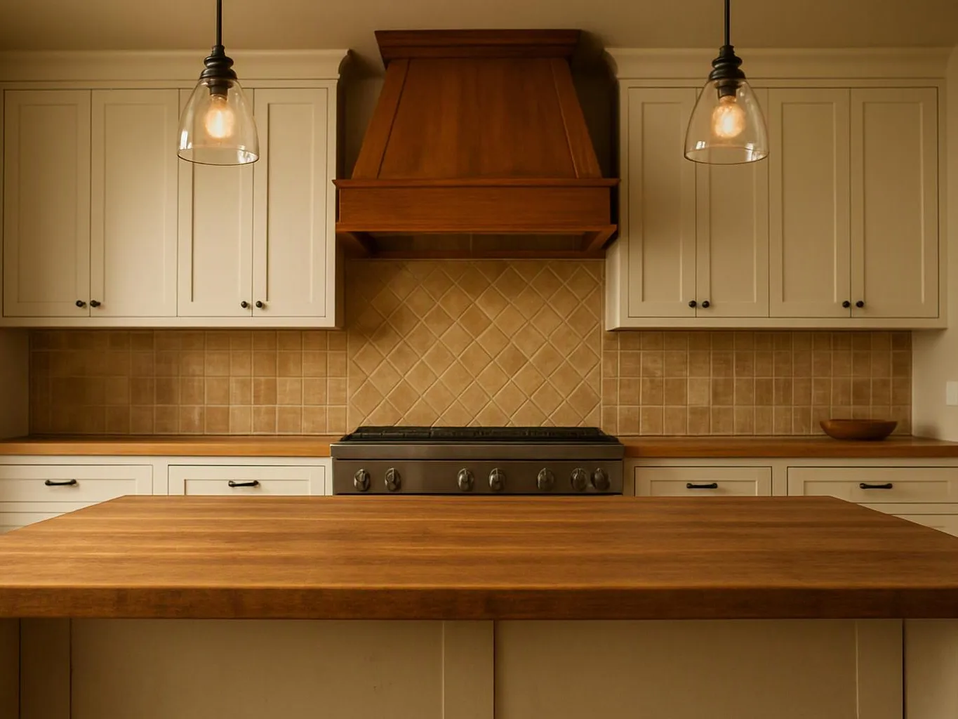A warm kitchen shows white cabinets, a wooden island, hanging lights, and a stove under a wood hood