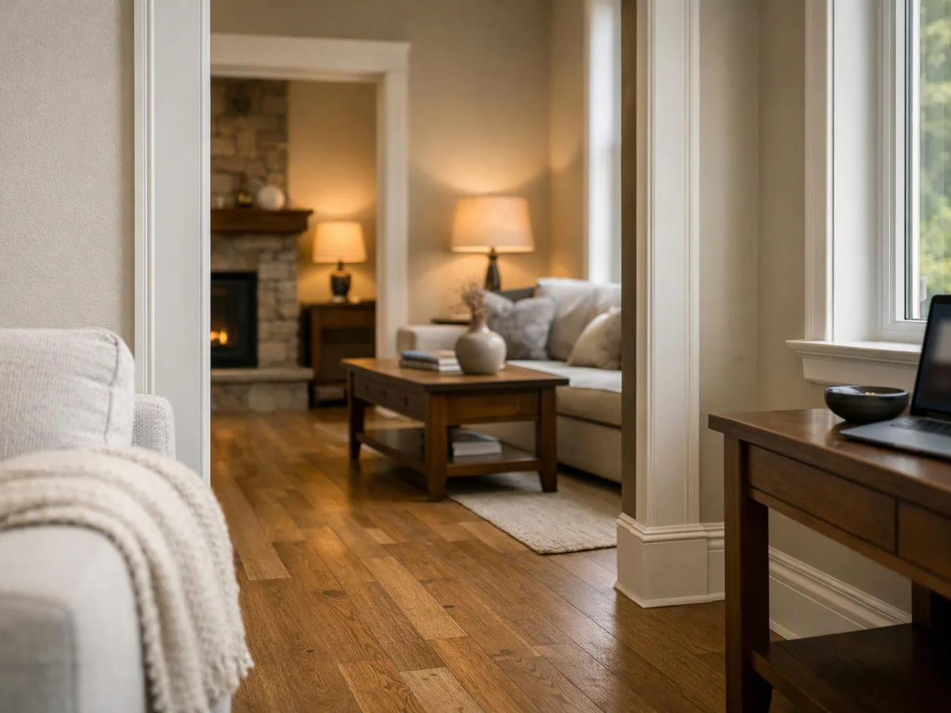 A warm living room with a lit fireplace, sofa, coffee table, lamps, and wooden floors viewed through a doorway