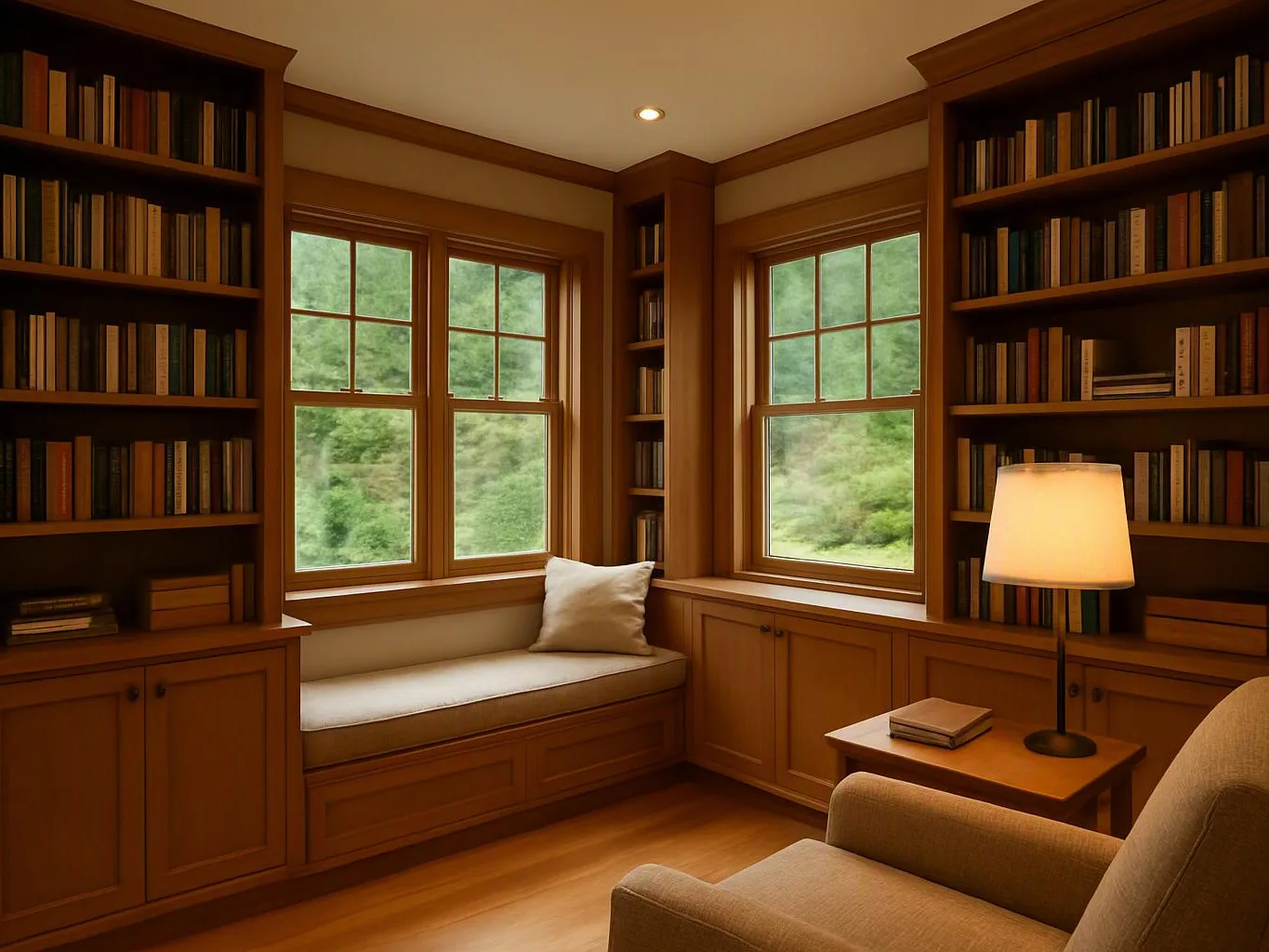 A warm reading nook with built-in bookshelves, two windows, a cushioned bench, and a lit table lamp