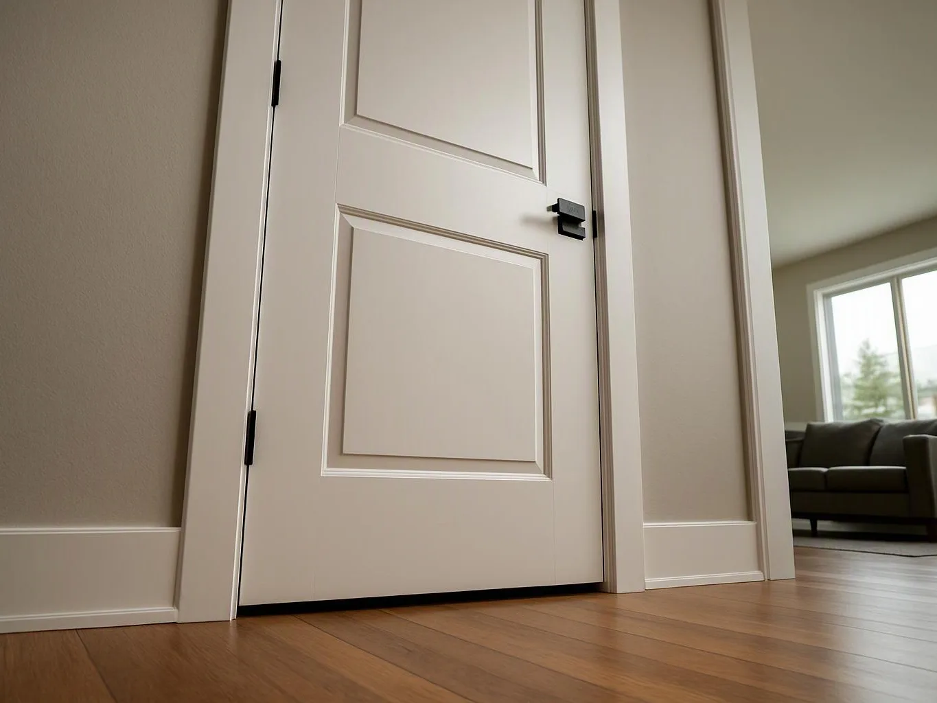 A white interior door stands partly open in a bright room with hardwood floors and a sofa visible beyond