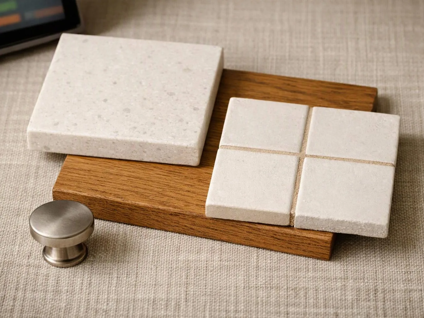 White stone tiles and a metal knob rest on a wooden board over beige fabric