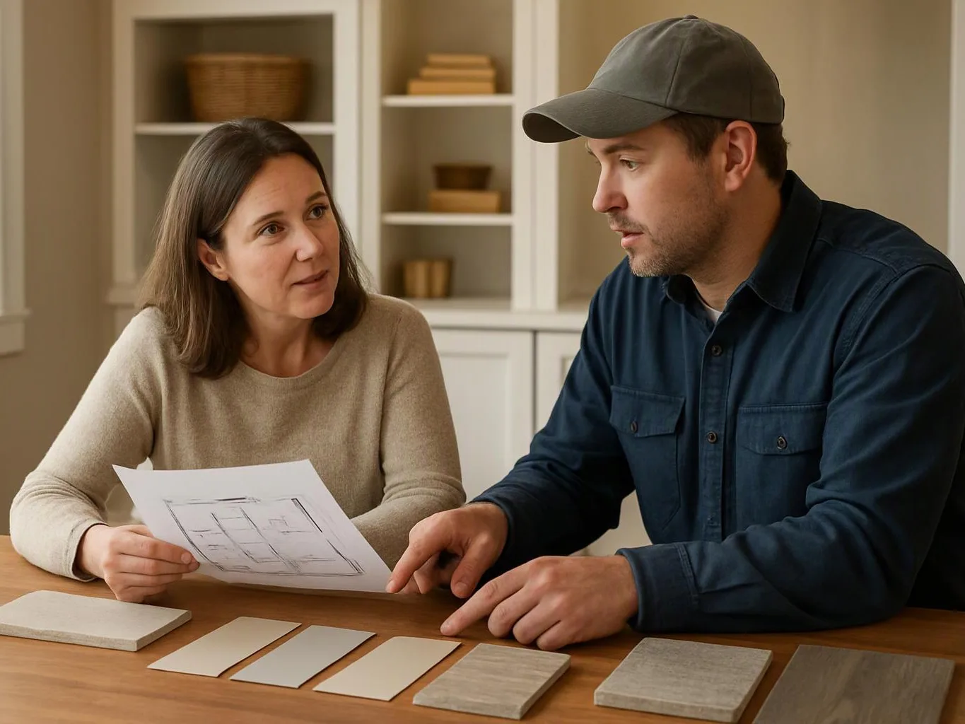 A woman and man study a floor plan and sample tiles at a wooden table in a bright room