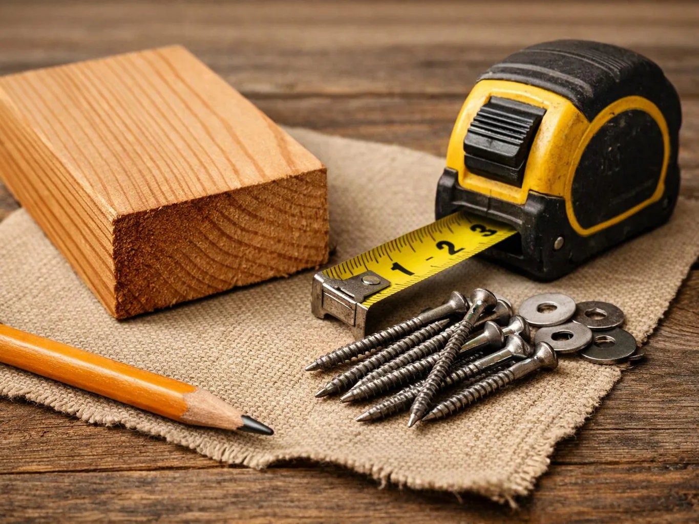 A wood block, tape measure, pencil, screws, and washers sit on burlap on a wooden table