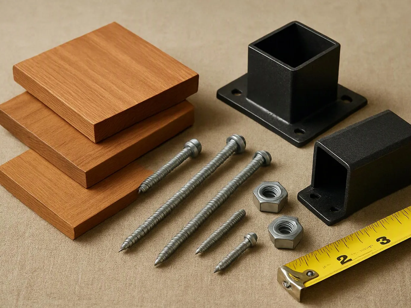 Wood boards, metal brackets, screws, nuts, and a tape measure are arranged on a beige surface