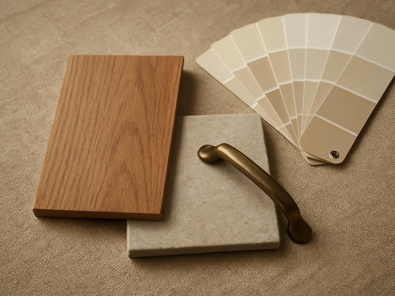 Wood and stone sample boards rest on beige fabric beside a fan of paint swatches