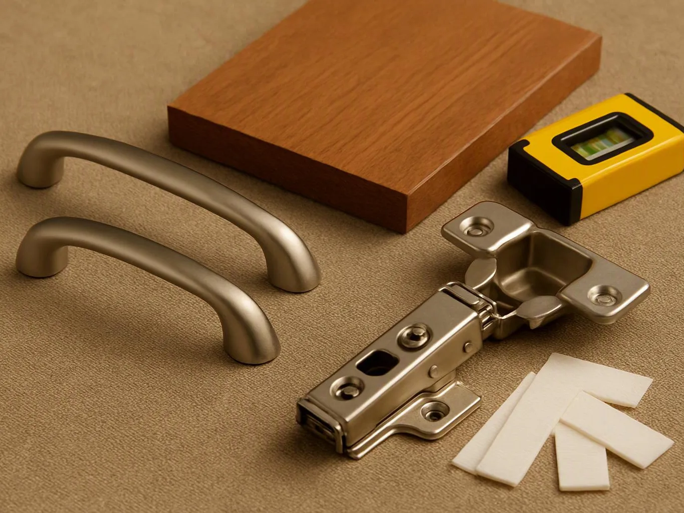A wooden board, two metal handles, a cabinet hinge, a tape measure, and white shims lie on a fabric surface