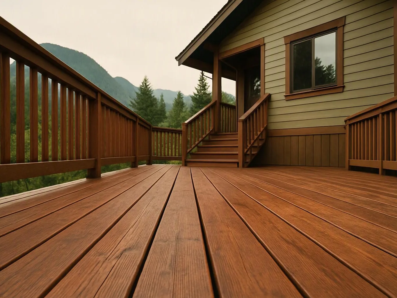 Wooden deck beside a house, with stairs, railings, and misty mountains beyond the trees