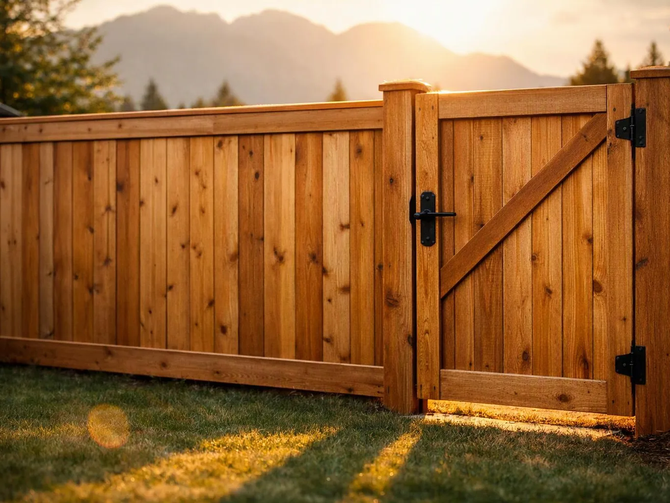 A wooden fence and gate stand in a grassy yard with mountains glowing in sunset light