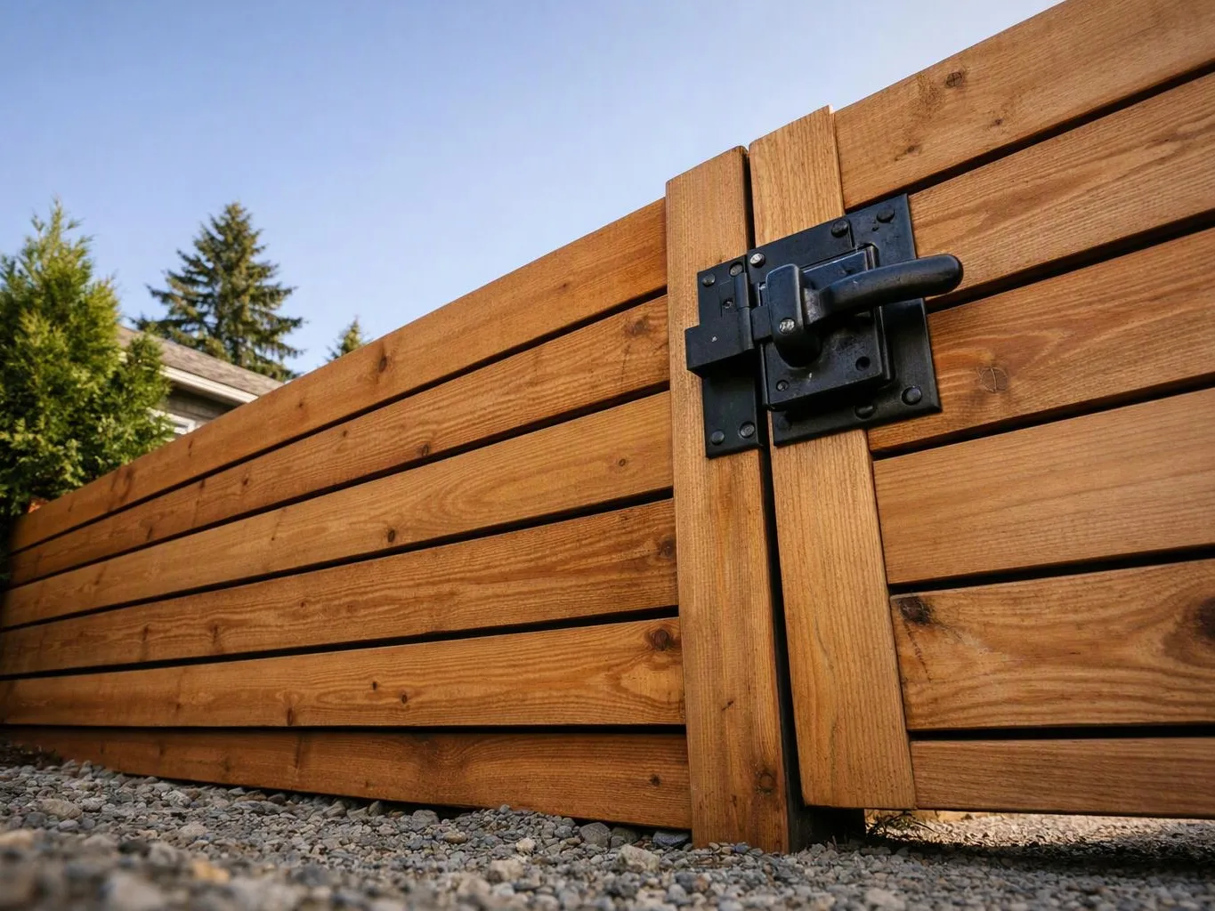 Wooden fence panels meet at a black metal latch against a bright sky