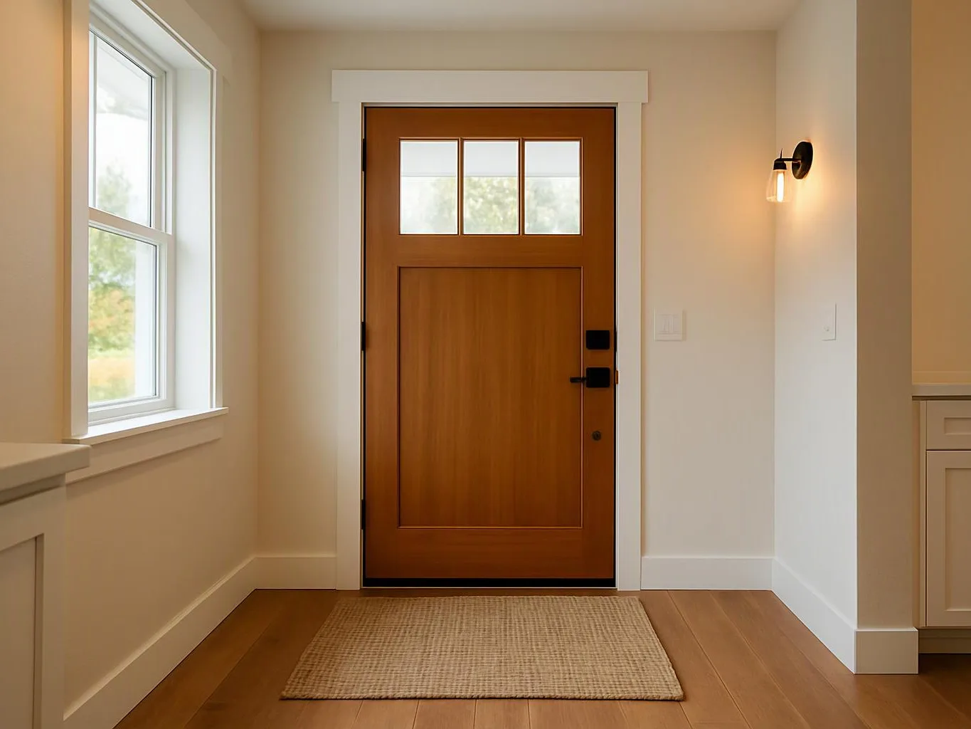 A wooden front door with small windows stands in a bright hallway beside a window and wall sconce